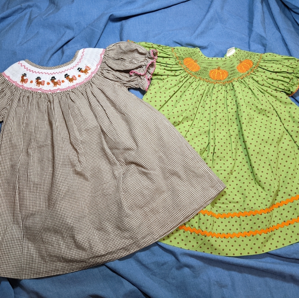 2 Fall-Themed Smocked Dresses | 9M | Classic Whimsy and Smocked Threads
